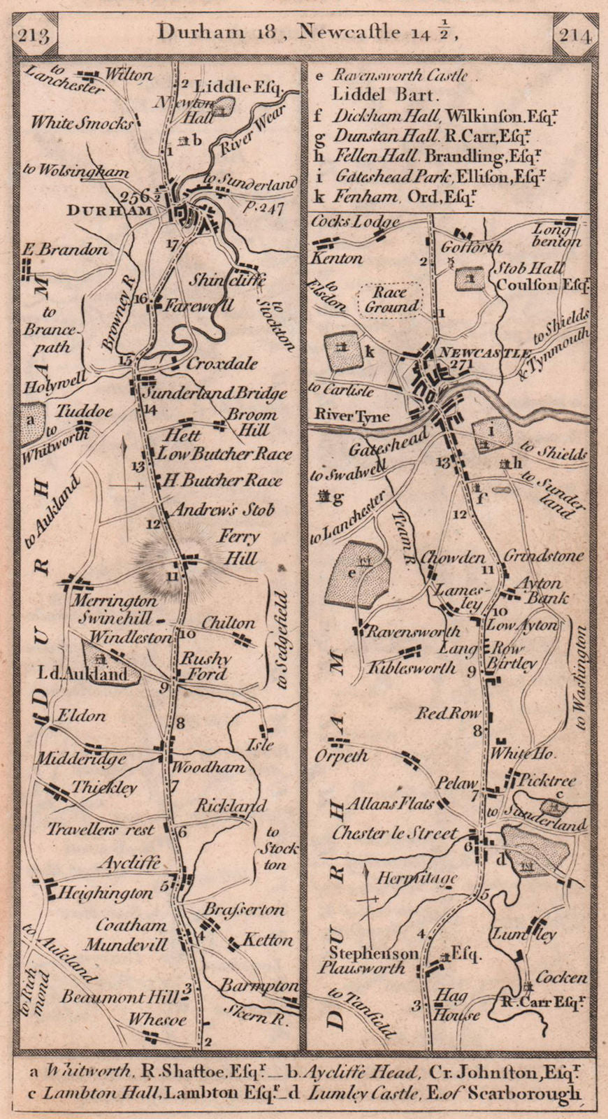 Durham-Chester/Street-Gateshead-Newcastle/Tyne road strip map PATERSON 1803
